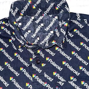 Polaroid Logo All Over Button Black Shirt Size M Photography Retro 100% Cotton